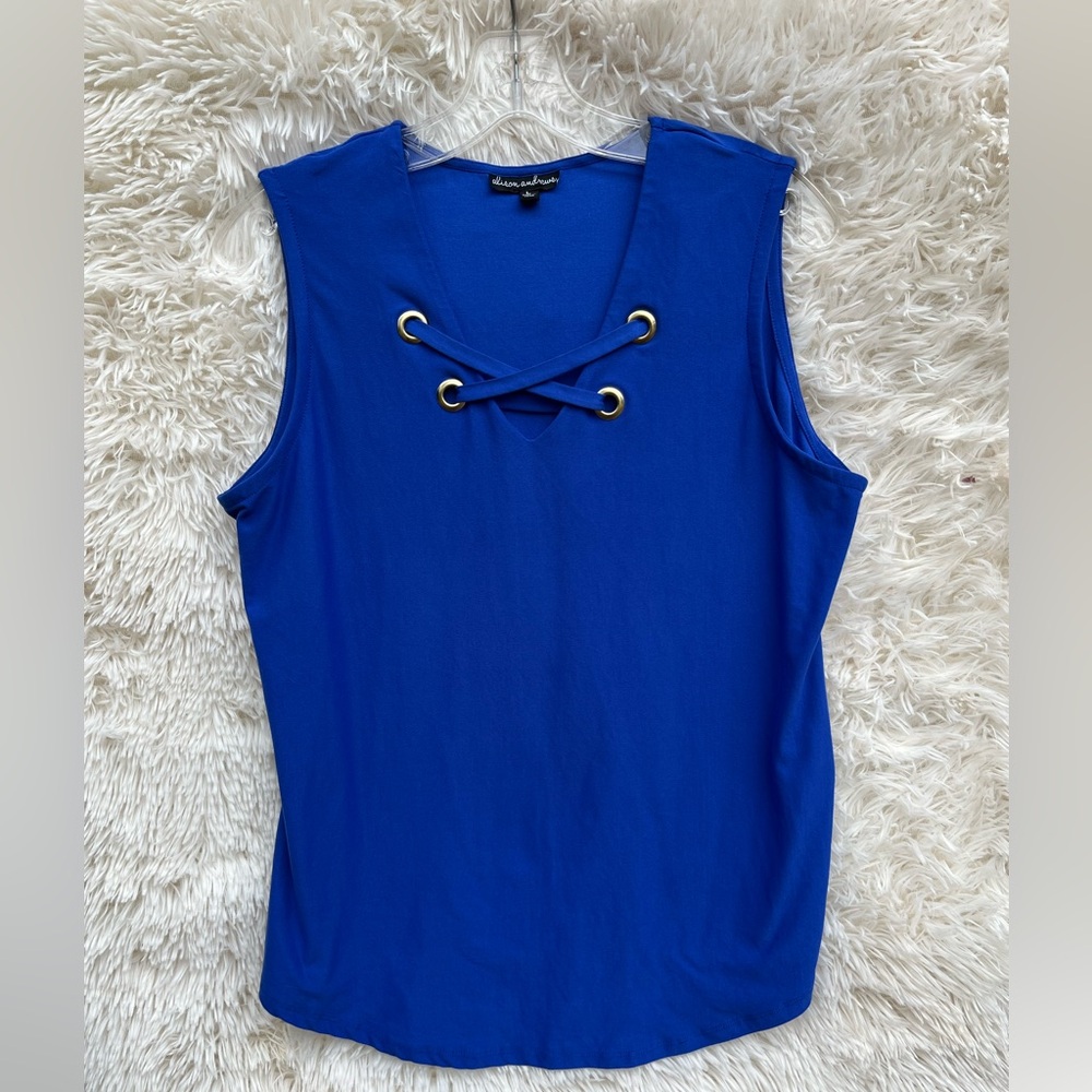 Alison Andrew’s Sleeveless Lace-Up V-Neck Tank in Cobalt Blue Summer Layering L